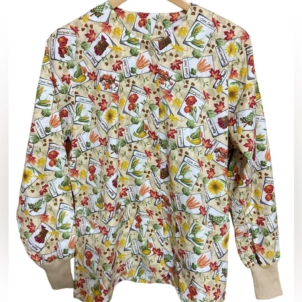Stars of Best Medical Print (Garden Fresh) Tan Warm Up Jacket W/Knit Cuffs NWT